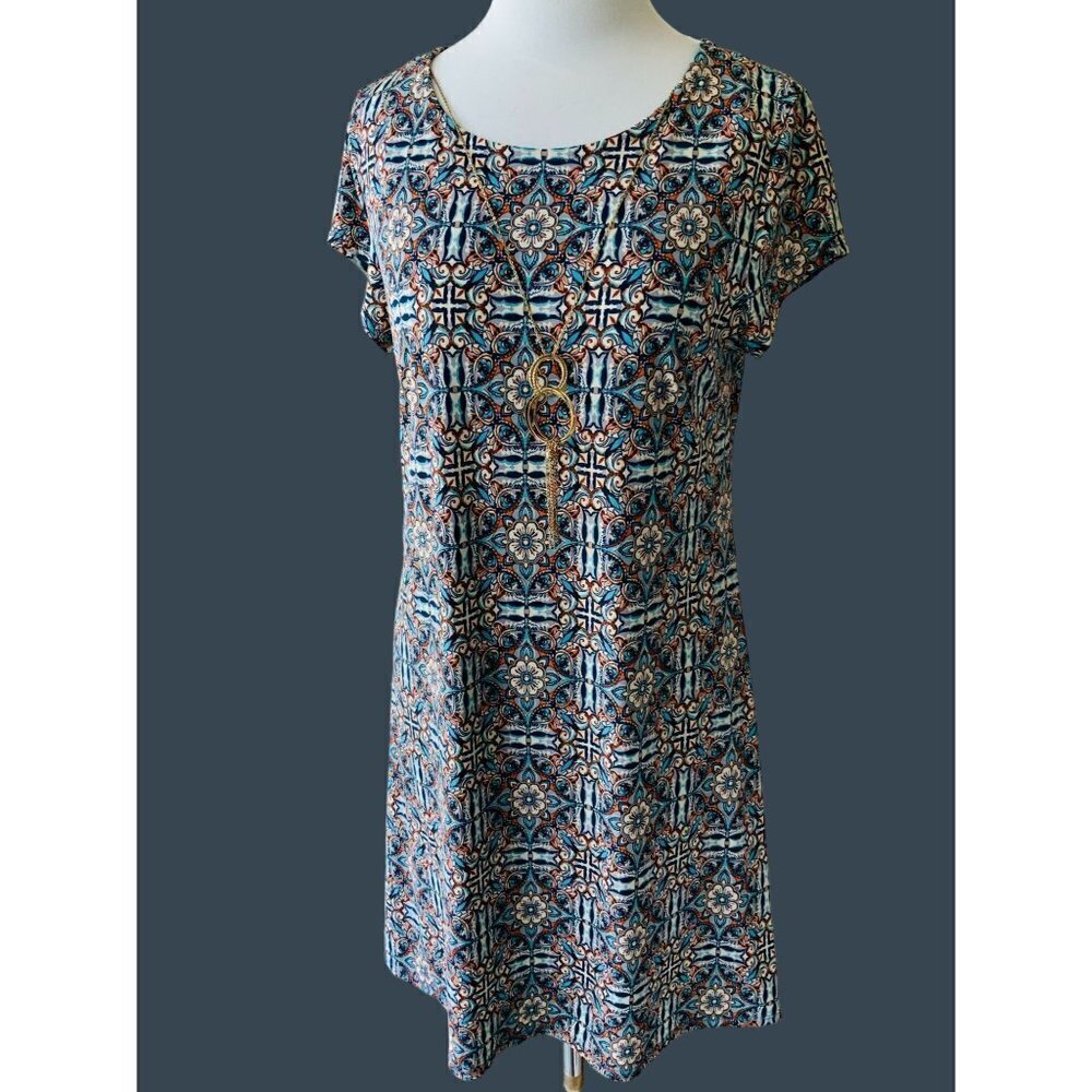 TACERA LADIES PETITE SHORT SLEEVE ABSTRACT NECKLACE MULIT COLOR DRESS EUC PL